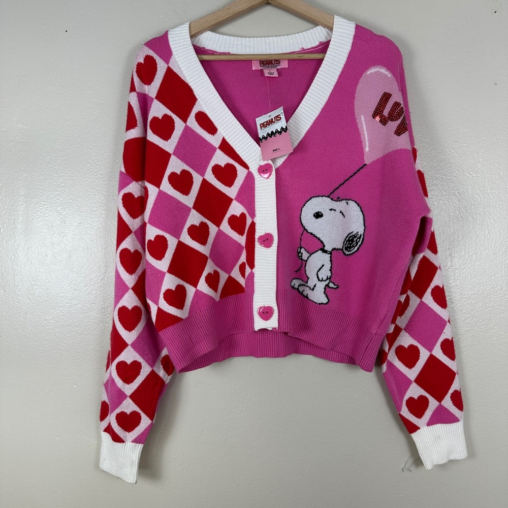 Peanuts Women's L Cardigan Pink Snoopy‎ Heart Cropped Button Front LPJ44656TJ